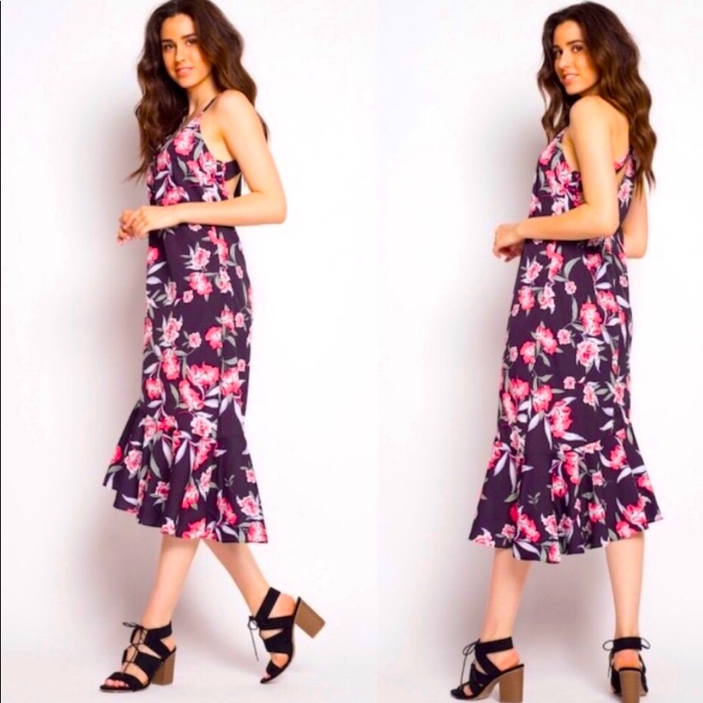 WonderLustLA Black Floral A symmetrical Dress NWT Medium